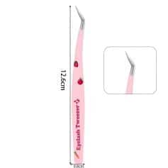 Pink eyelash tweezer with strawberry and carrot design, 12.6 cm long, ideal for detailed eyelash extension application, precision crafted for professional and at-home cosmetic use.