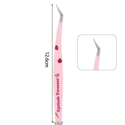 Pink eyelash tweezer with strawberry and carrot design, 12.6 cm long, ideal for detailed eyelash extension application, precision crafted for professional and at-home cosmetic use.
