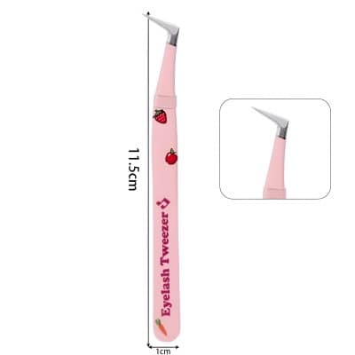 Pink eyelash tweezer with strawberry and apple graphics, 11.5cm long for precise eyelash extension and grooming, featuring a cute design for beauty and cosmetic use.