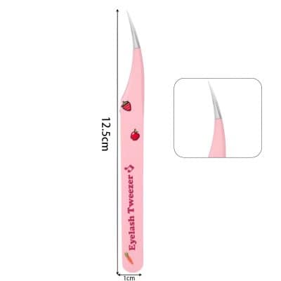 Pink eyelash tweezer with strawberry and carrot illustrations, ideal for beauty and eyelash extension enthusiasts. Compact 12.5cm design for precise application and easy handling.