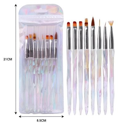 Multifunctional nail art brushes set in iridescent handle, ideal for professional or personal use in pedicure, manicure, and detailed nail designs, stored in a clear zipper travel case.