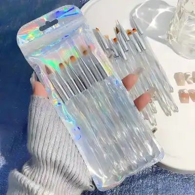 Bright gel nail art brushes set in holographic case for professional or at-home manicures, ideal for creating detailed nail designs and art for beauty salons and personal use.
