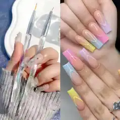 Nail art brushes and colorful ombre gel manicured nails at Monalisa Store for professional nail care and design services.