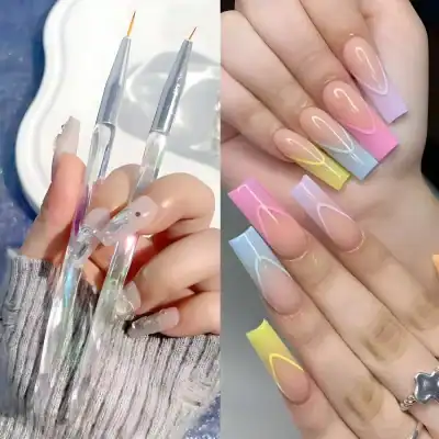 Nail art brushes and colorful ombre gel manicured nails at Monalisa Store for professional nail care and design services.