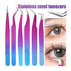 Stainless steel eyelash extension tweezers with purple and blue handles for precise eyelash application and grooming.
