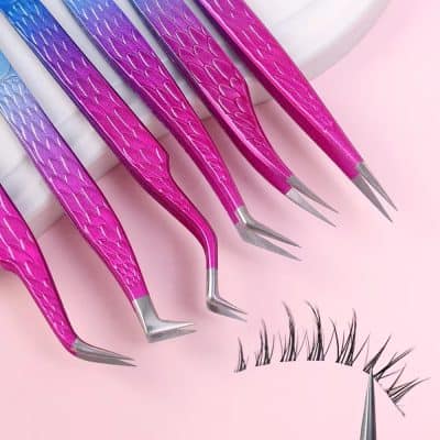 Colorful eyelash extension tweezers with pink and purple handles for professional eye beauty tools.