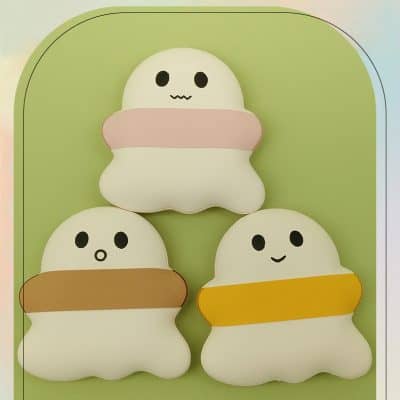 Cute cartoon-styled plush character toys resembling smiley faces with different color bands, ideal for kids' bedroom décor and as playful accessories for children.