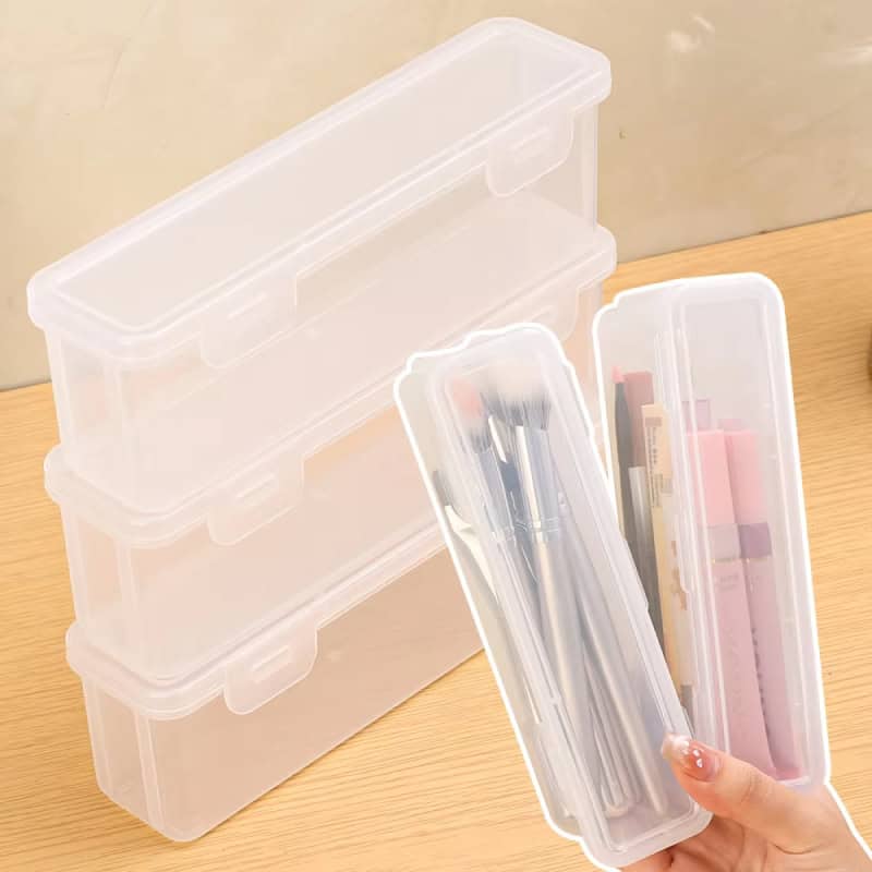 Compact transparent storage box for makeup brushes and beauty tools, ideal for organizing cosmetics and accessories in a professional or home beauty setting.