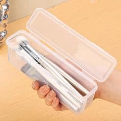 Clear plastic storage case with makeup brushes inside, ideal for organizing beauty tools at Monalisa Store.
