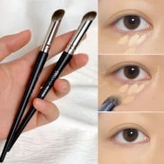 Soft makeup brushes for eye makeup application at Monalisa Store, demonstrating eye contouring and highlighting techniques for a natural, radiant look in an elegance-focused beauty routine.