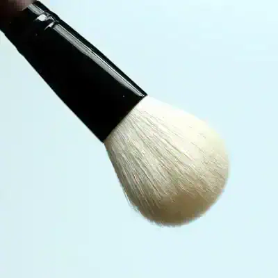 Makeup brush with black handle and white bristles for beauty and cosmetic use.
