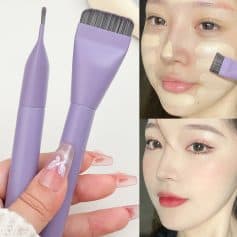 Soft purple skincare brushes and tools for facial cleansing and makeup application.