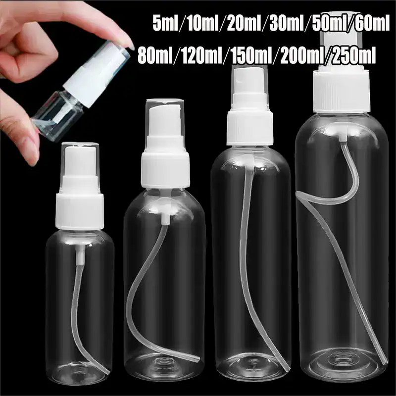 Bottles with spray caps in various sizes including 5ml, 10ml, 20ml, 30ml, 50ml, 60ml, 80ml, 120ml, 150ml, 200ml, and 250ml, ideal for travel and cosmetic solutions at Monalisa Store.