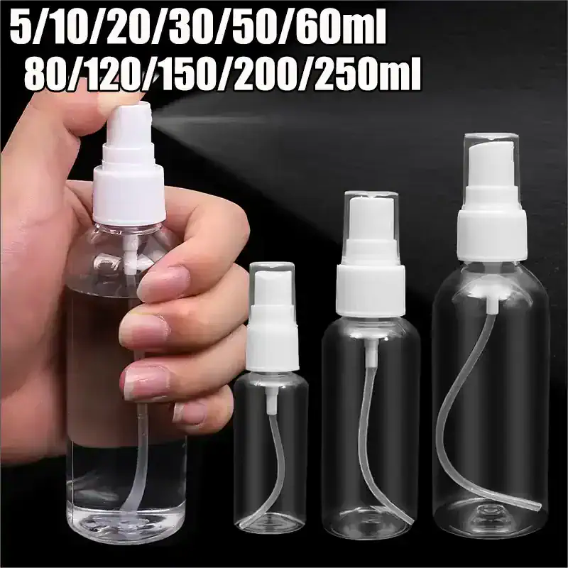BPA-free spray bottles available in multiple sizes from 5ml to 250ml, ideal for skincare, medication, or essential oils. Durable, transparent design with secure white spray caps for precise application.