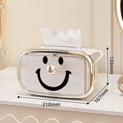 Smile face tissue box holder, modern glossy tissue dispenser with a cheerful smiley design, perfect for home or office. Adds fun and style to your decor while keeping tissues handy.