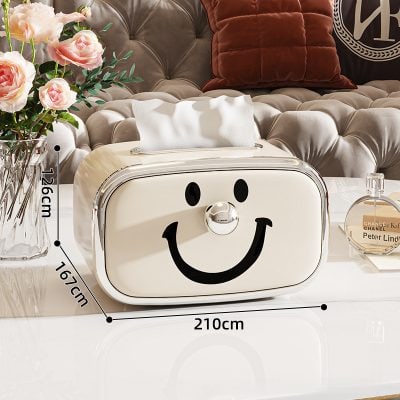 Bright white smiley face tissue box designed for modern decor, measuring 210cm x 167cm x 126cm, perfect for stylish homes and offices.