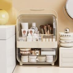 Elegant skincare storage organizer with beauty products and brushes, perfect for maintaining an organized and stylish vanity area. Ideal for skincare enthusiasts and beauty lovers.