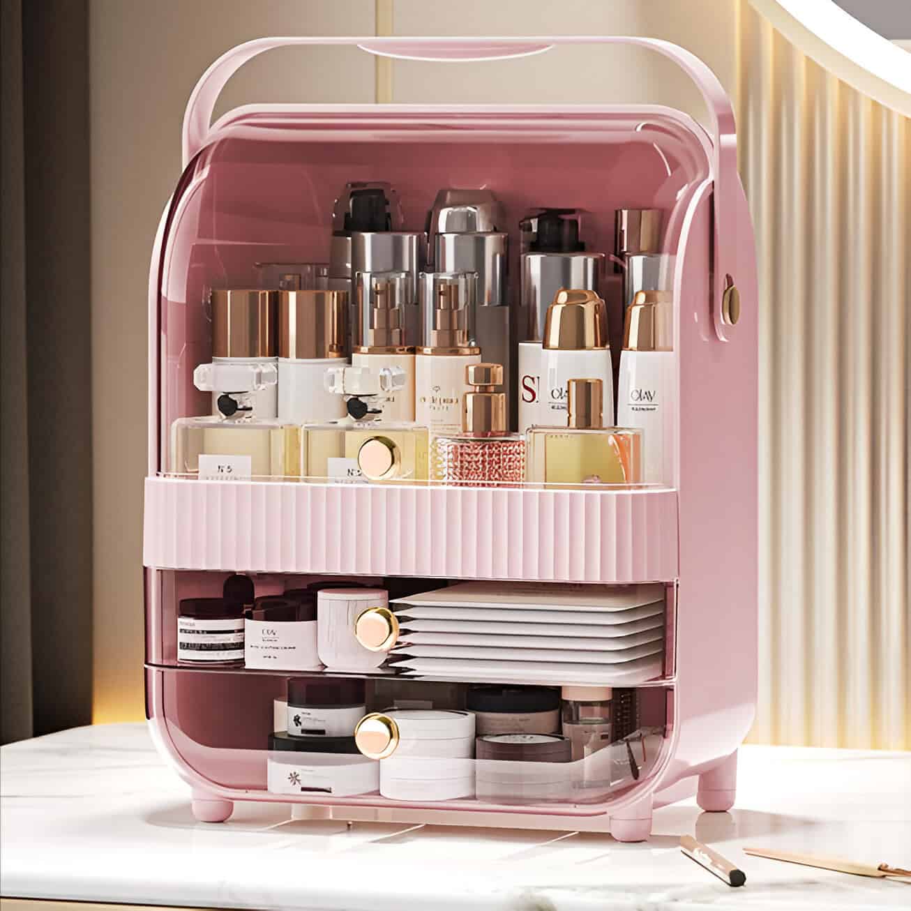 Pink acrylic skincare and cosmetic storage organizer with multiple trays for serums, creams, and beauty tools, ideal for beauty salons and personal vanity setups.