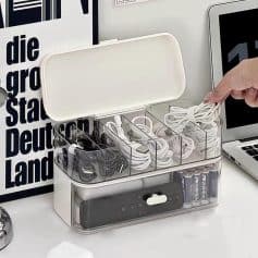Charging cable organizer with compartments for different types of cords, batteries, and electronic accessories at Monalisa Store. Perfect for decluttering your workspace and keeping charging essentials organized.