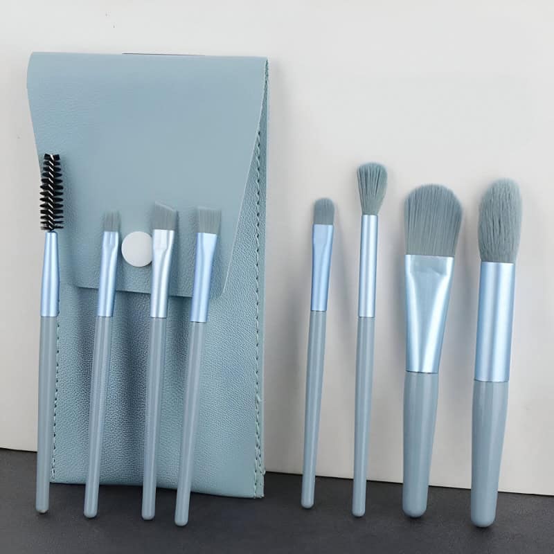 Brush set for cosmetic and skincare application, featuring silver handles and soft bristles, perfect for professional and personal use.