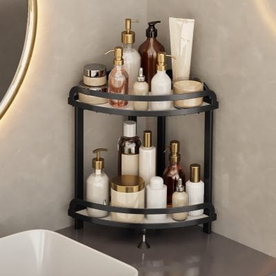 Sleek black corner shelf displaying skincare and beauty products in amber, white, and clear bottles with gold accents, perfect for a modern aesthetic in a luxury skincare or beauty clinic.