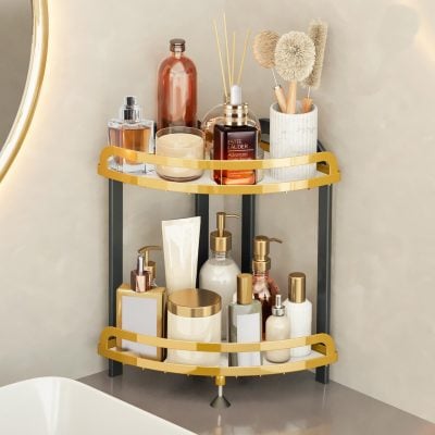 Elegant bathroom shelf displaying skincare, beauty products, and aromatherapy essentials for a luxurious self-care routine. Perfect for a modern, organized vanity or bathroom decor.