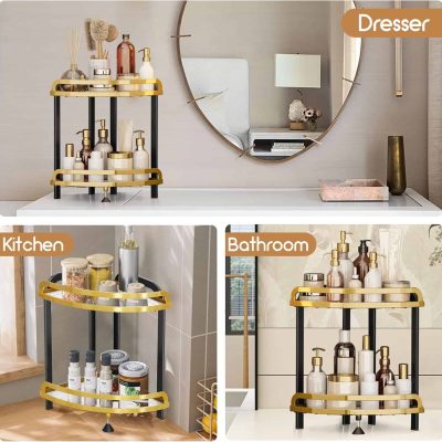 Elegant black and gold multi-purpose storage cart for bathroom, kitchen, and dressing room organization, holding toiletries, spices, and beauty products with modern stylish design.