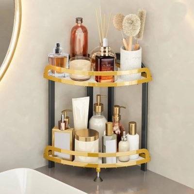 Elegant bathroom shelf with skincare and beauty products, including lotions, serums, and cosmetics, featuring modern design with gold accents for a luxurious look.
