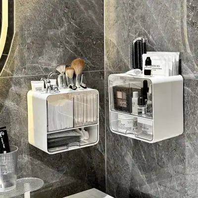 Neat wall-mounted storage cabinets for beauty and skincare products in a modern bathroom, featuring organized compartments for cosmetics, serums, and tools, with a sleek white design.