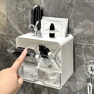 Aesthetic bathroom storage shelf with skincare and beauty products, featuring organized compartments for face creams, serums, and tools, ideal for skincare routines.