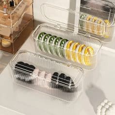 Stylish plastic storage baskets with colorful silicone strap accessories for organizing optical glasses and eyewear at Monalisa Store.