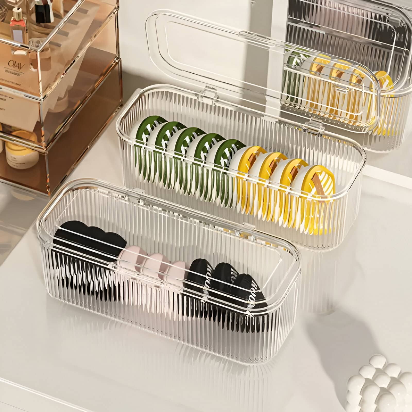 Stylish plastic storage baskets with colorful silicone strap accessories for organizing optical glasses and eyewear at Monalisa Store.