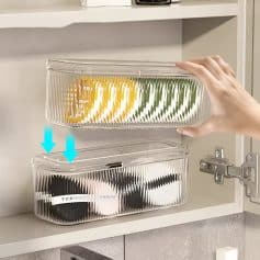 Color-coded storage bins for organizing contact lenses and eyewear in a Medispa or optical clinic setting.