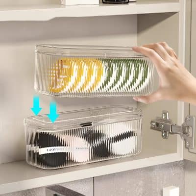 Color-coded storage bins for organizing contact lenses and eyewear in a Medispa or optical clinic setting.