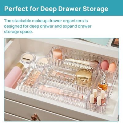 Clear acrylic makeup storage drawer organizer for deep drawer and expand drawer storage space, ideal for cosmetics and beauty products.