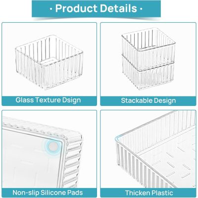 Clear plastic storage box with glass texture design and stackable features for organizing small items. Designed with non-slip silicone pads and thickened plastic for durability.