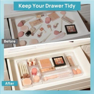 Neatly organized makeup drawer with blushes, palettes, brushes, and beauty tools in a transparent storage case, showing before and after decluttering for an aesthetic look.