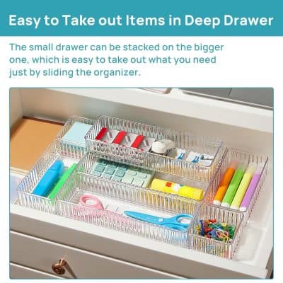 Stacked transparent drawer organizers with office supplies in a drawer for easy access and organization.