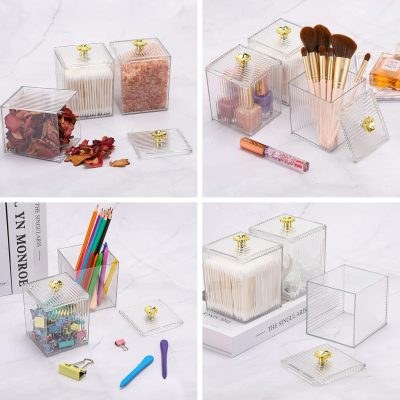 Clear acrylic storage boxes for beauty and office supplies, including cotton swabs, makeup brushes, colored pencils, and stationery organizers. Perfect for organizing your workspace or vanity.