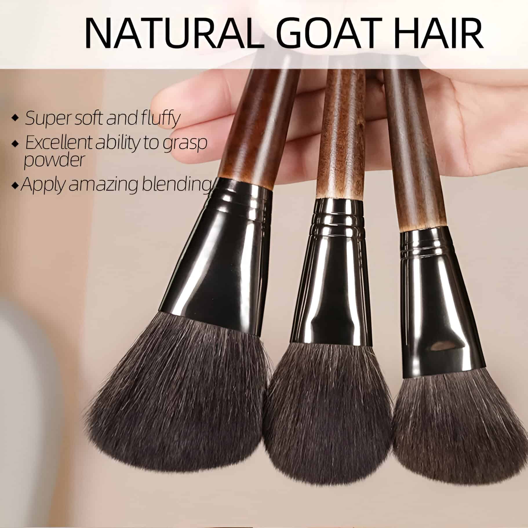 Goat hair makeup brushes for natural, soft application, blending, and powder control, showcased at Monalisa Store for professional beauty and cosmetic use.