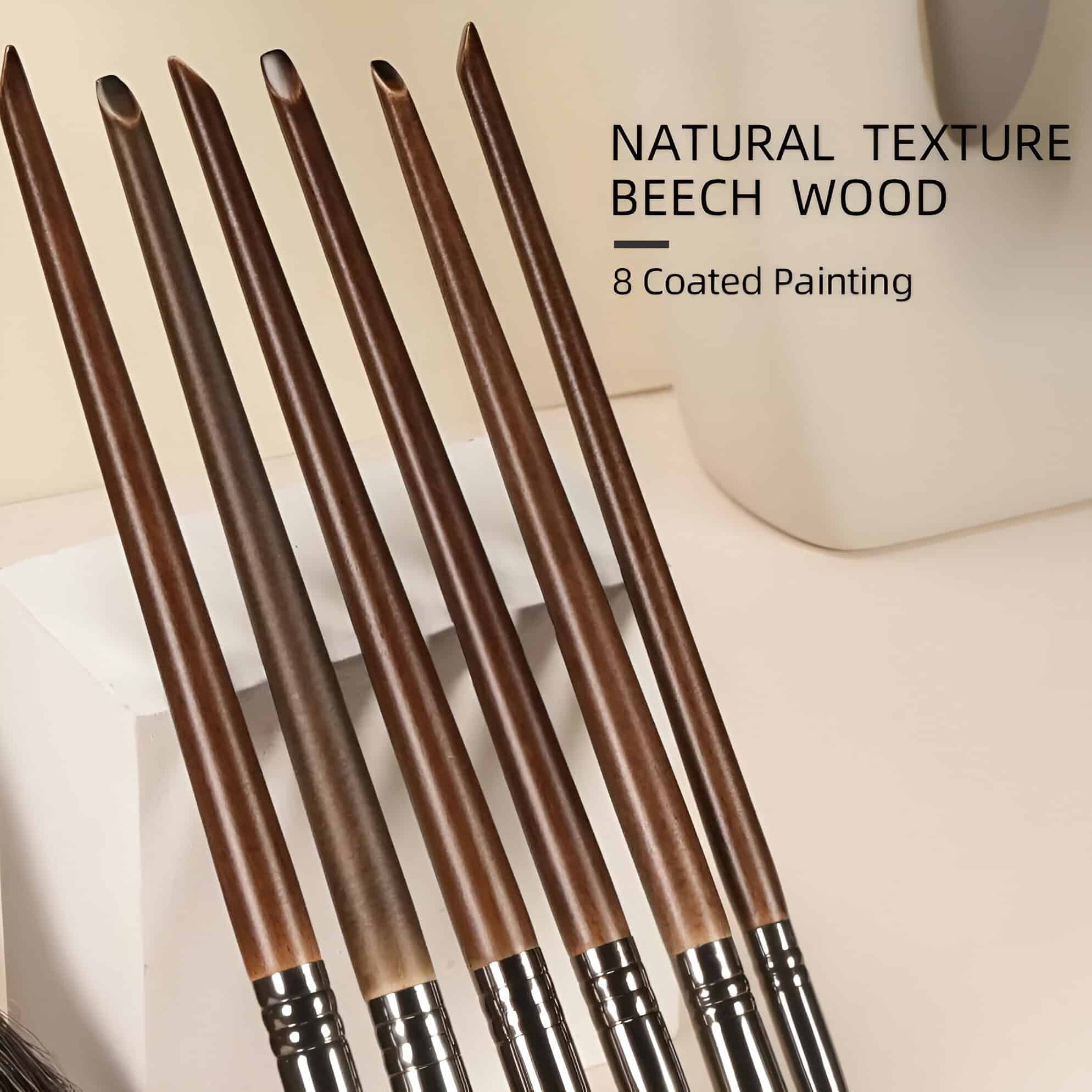 Softwood makeup brushes with natural beech wood handles, featuring 8 coated painting tools for precise application and professional cosmetic results.