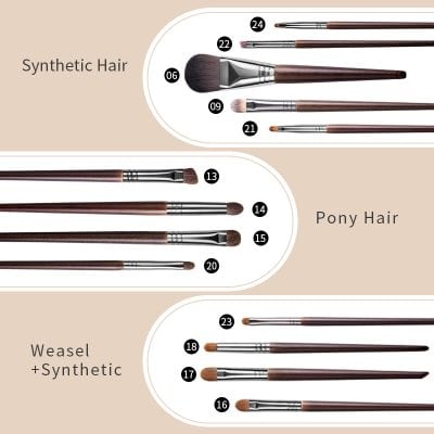 Fine makeup brushes set for synthetic and pony hair, ideal for professional beauty and cosmetics application at Monalisa Store.