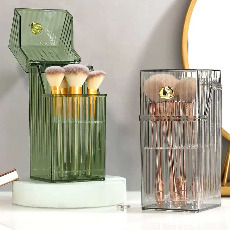 Elegant cosmetic brush sets in clear and green textured storage cases, perfect for skincare and makeup application at Monalisa Store.