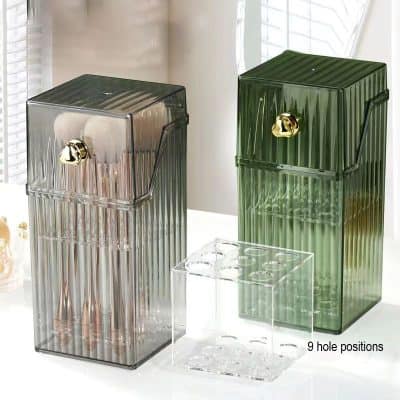 Chromatic medicine storage containers with 9 holes, sleek transparent and green designs, ideal for pharmacy and healthcare organization.