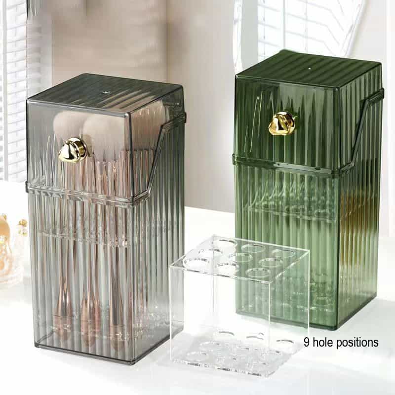 Chromatic medicine storage containers with 9 holes, sleek transparent and green designs, ideal for pharmacy and healthcare organization.