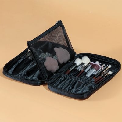 Professional makeup brush set in a portable case for skincare and beauty routines, ideal for salons and beauty enthusiasts.