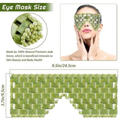 Green jade stone eye mask for skincare and beauty, made from natural minerals, promotes skin health, relaxation, and rejuvenation, perfect for facial therapy or meditation routines.
