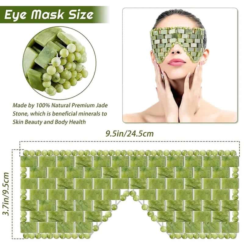 Green jade stone eye mask for skincare and beauty, made from natural minerals, promotes skin health, relaxation, and rejuvenation, perfect for facial therapy or meditation routines.