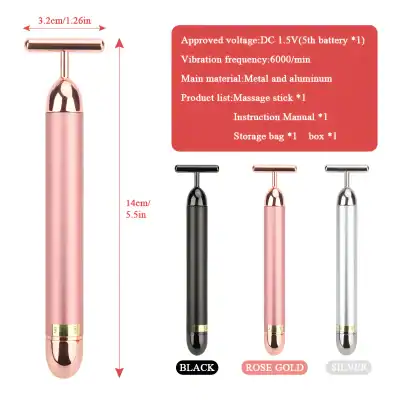 Versatile facial massage roller for skincare, available in black, rose gold, and silver, featuring metal and aluminum construction, ideal for relaxing beauty routines.