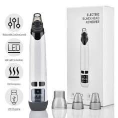 Suction level control blackhead remover device with LED indicator and hot compress function, USB rechargeable, displayed with user-friendly interface and three attachments for skincare.